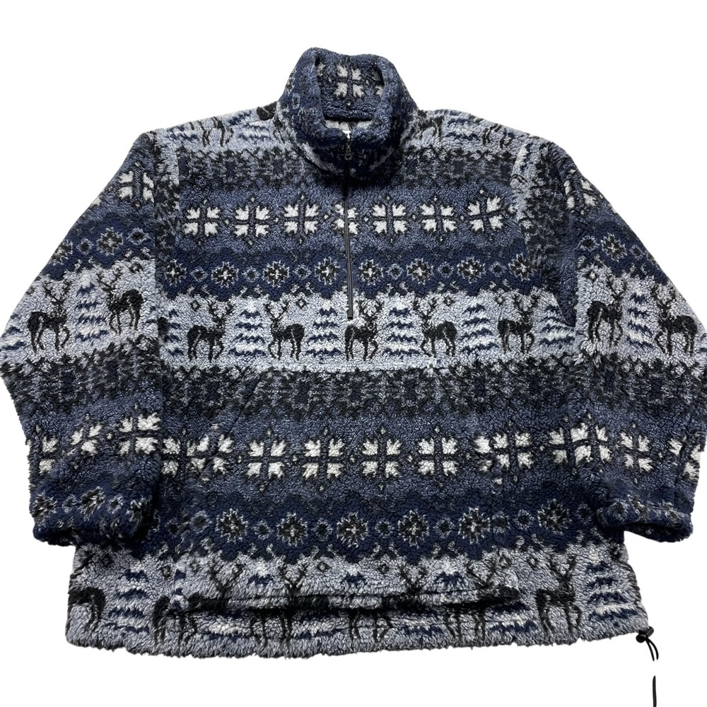 Amana Jacket Mens 2XL Blue Pullover Fleece 1/4 Zip Fair Isle Reindeer Made USA